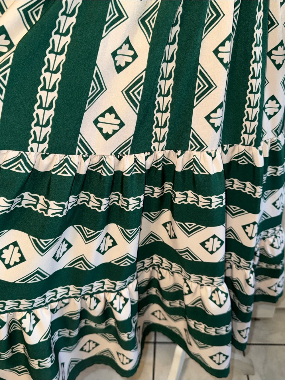 Geometric Green & Cream Tiered V-Neck Dress - Picture 4 of 7
